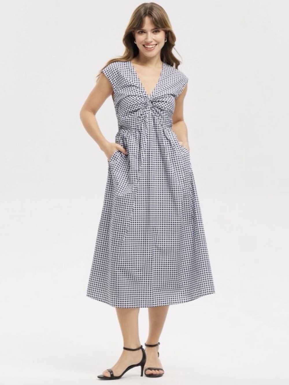 A New Day Women's Twist-Front Midi Dress Classic Gingham Check Blue NWT